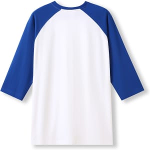 A unisex 3/4 sleeve raglan T-shirt featuring white fabric with blue sleeves and a logo on the back.