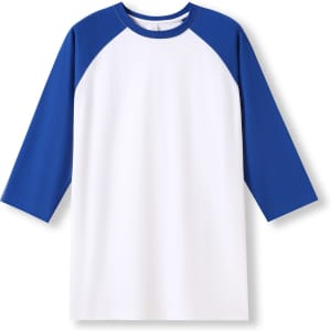 A white 3/4 sleeve raglan T-shirt with blue sleeves and a logo on the chest.