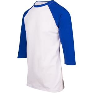 A unisex 3/4 sleeve raglan T-shirt featuring blue sleeves and a white body. It has a logo on the front.