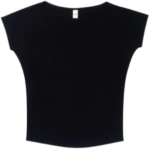 A black women's bat wing T-shirt featuring short sleeves and a relaxed fit, with a brand logo present.