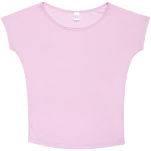 A light pink women's bat wing T-shirt with a wide neckline and short sleeves. It features a logo on the label.