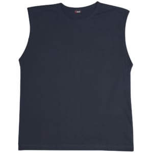 A black muscle T-shirt with a sleeveless design and a logo on the label.