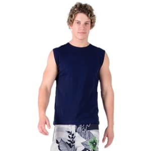 Men's muscle T-shirt in navy blue, featuring a sleeveless design and a logo on the front.