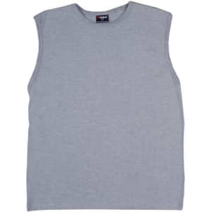 A grey men's muscle T-shirt with a sleeveless design and a logo on the label.