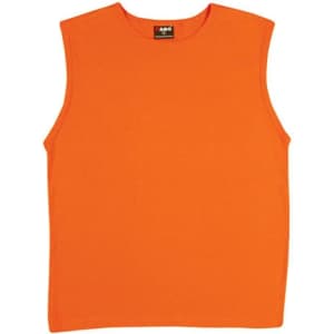 An orange men's muscle T-shirt featuring a sleeveless design and a brand logo at the neckline.
