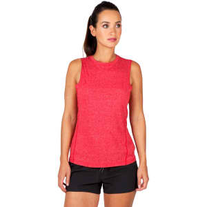 A sleeveless women's tee from the Greatness Range in red, featuring a fitted design and a logo.