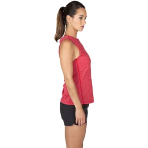 A sleeveless women's tee in a vibrant red heather design, featuring a sporty cut and fitted style.