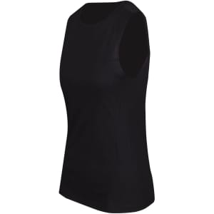 A black sleeveless women's tee from the Greatness Range with a fitted design and a subtle logo.