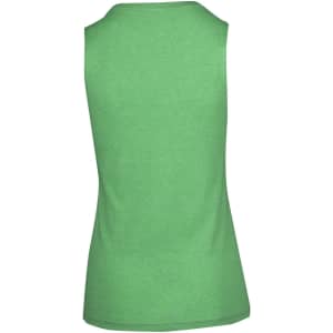 A sleeveless tee in a vibrant green hue, featuring a simple design and a logo at the back.