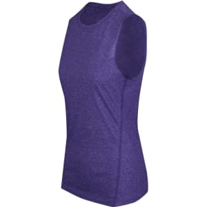 A purple sleeveless tee from the Greatness Range, featuring a fitted design and logo.