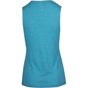A sleeveless women's tee in a vibrant turquoise colour, featuring a smooth back design and a branding logo.