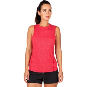 A sleeveless women's tee in heather red, featuring a fitted design and a logo on the chest.