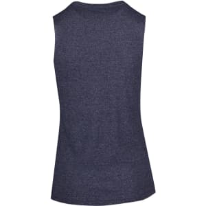 A sleeveless women's tee in a dark heather fabric, featuring a simple design and a logo.