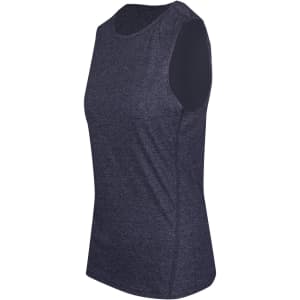 A sleeveless women's tee in heather grey with a contrasting dark sleeve, featuring a simple design and logo.