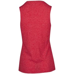 A sleeveless women's tee in a vibrant red heather fabric, featuring a seamless back and a logo.