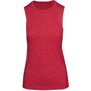 A red sleeveless women's tee from the Greatness Range, featuring a fitted design and a subtle heather texture.