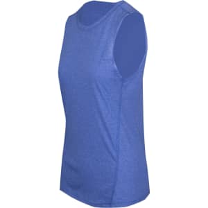 A sleeveless women's tee in blue from the Greatness Range, featuring a simple design and a logo.