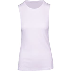 A sleeveless women's tee in white, featuring a fitted design and a branding logo.