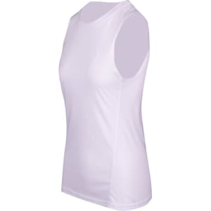 A sleeveless women's tee in white, featuring a smooth design and fitted silhouette. Includes a logo branding.