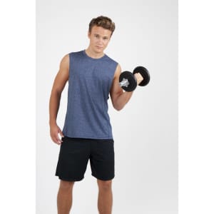 A sleeveless blue heather tee, modelled by a man holding a dumbbell, paired with black shorts. The shirt features a logo.