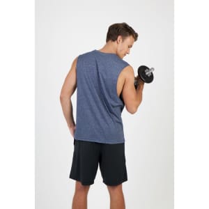 A sleeveless blue men's tee from the Greatness Range, featuring a simple design and a logo.