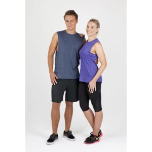 A man in a dark blue sleeveless tee and shorts stands beside a woman in a purple sleeveless tee and black leggings.