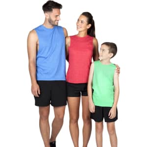 A group of three models wearing sleeveless tees in blue, red, and green, paired with black shorts.