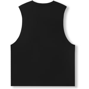 A black sleeveless tee from the Greatness Range, featuring a simple design and a logo.