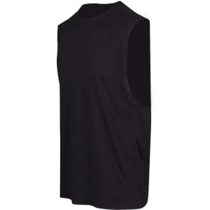A black sleeveless tee from the Greatness Range, designed for men, featuring a logo on the side.