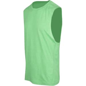 A sleeveless green tee from the Greatness Range with a simple design and a logo on it.
