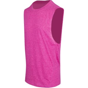 A sleeveless tee in heather pink, featuring a simple design and a logo. Perfect for casual wear or workouts.