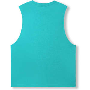 A sleeveless tee in a vibrant turquoise hue, featuring a simple design and a logo on the back.