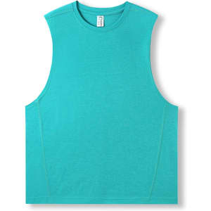 A sleeveless tee in a vibrant blue hue, featuring a smooth texture and a simple design. It has a branding logo.