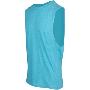 A light blue sleeveless tee from the Greatness Range, featuring a relaxed fit. It has a logo on the fabric.