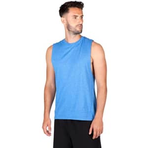 A sleeveless tee in heather blue, featuring a sporty design and a logo. Suitable for casual wear.
