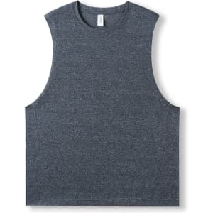 A sleeveless men's tee in heather blue, featuring a simple design and a logo on the fabric.