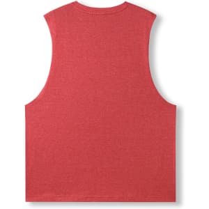 A sleeveless red heather tee shirt, featuring a back view with a simple design and branding.