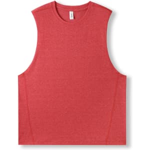 A sleeveless tee in heather red, featuring a relaxed fit and a smooth texture, with a small logo.