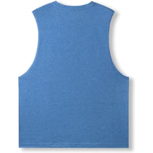 A sleeveless tee in heather blue, featuring a simple design and a logo on the back.