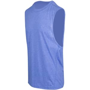A sleeveless tee in heather blue fabric, featuring a simple design and a small logo. Suitable for casual wear.