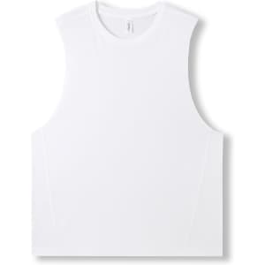 A white sleeveless tee from the Greatness Range, featuring a simple design and a logo.