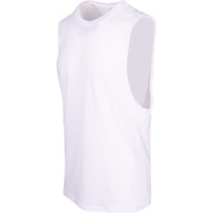 A sleeveless white tee from the Greatness Range featuring a logo. Suitable for casual wear and active use.