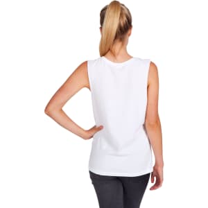 A white women's combed cotton tank top with a simple design, featuring a logo on the back.