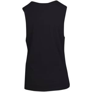 A black women's combed cotton tank top with a sleeveless design and a plain back. It features a logo.