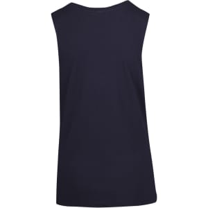 A navy women's combed cotton tank top with a relaxed fit and no sleeves. Features a logo on the back.