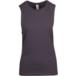 A women's tank top in dark grey, featuring a sleeveless design and a subtle logo.