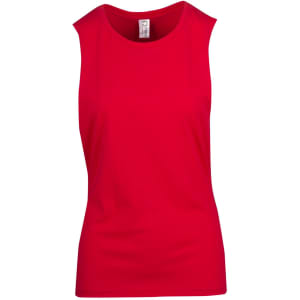 A red women's combed cotton tank top with a scoop neckline and no sleeves. It features a brand logo.
