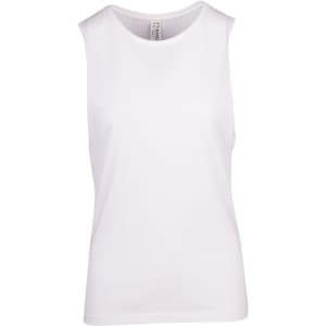 A white women's combed cotton tank top with a round neckline and no sleeves, featuring a brand logo.