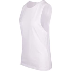 A white women's combed cotton tank top with a simple design and no sleeves, featuring a logo.