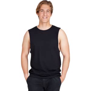 A sleeveless black combed cotton tank top on a male model, featuring a casual fit and simple design.